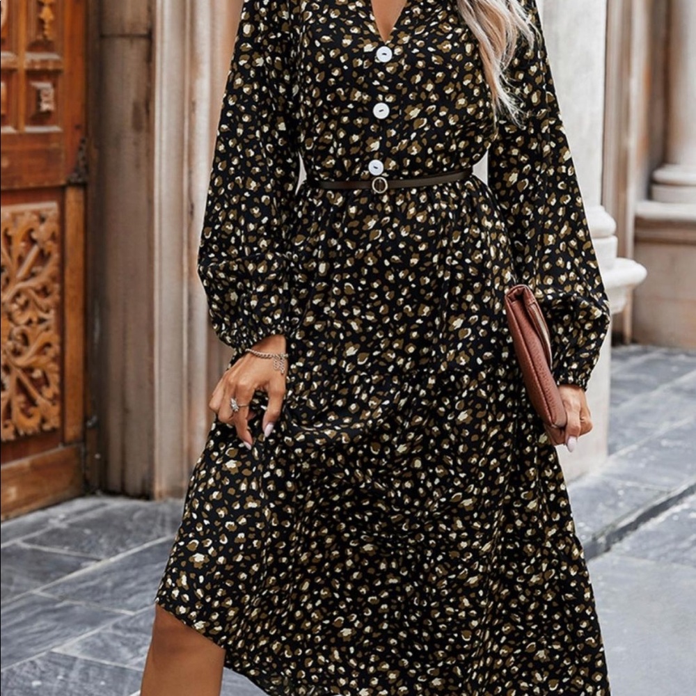V neck Button Leopard Midi Dress in BLACK